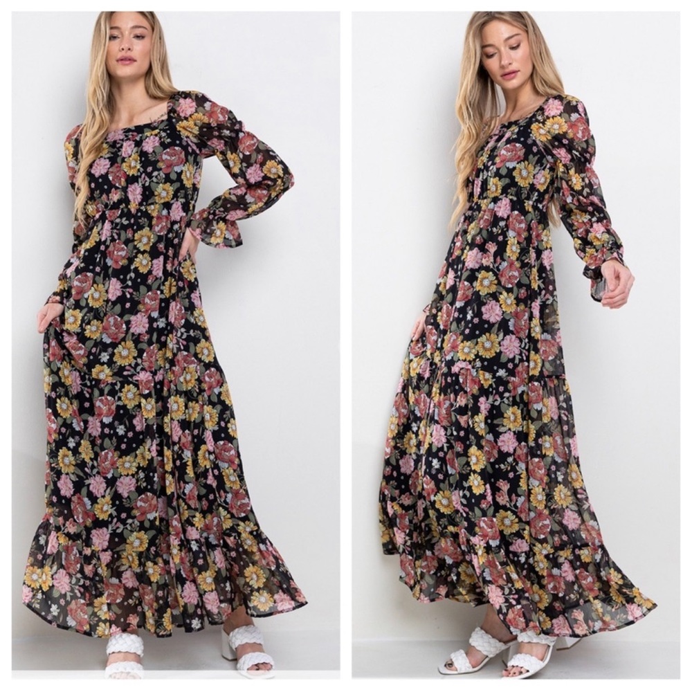 34 Boho Floral Tiered Bell Sleeve Maxi Dress